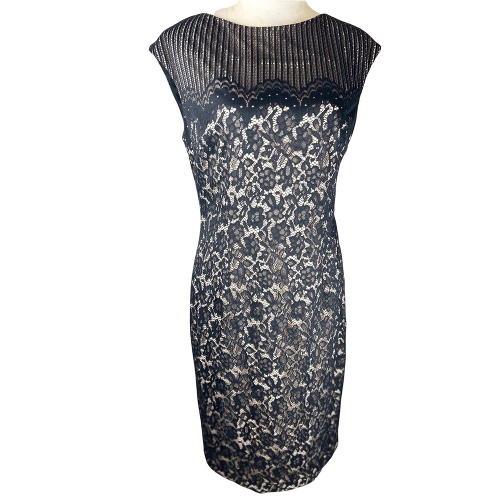 Maggy London Sheath Dress 12 Black Nude Floral Lace Illusion Mesh Cocktail